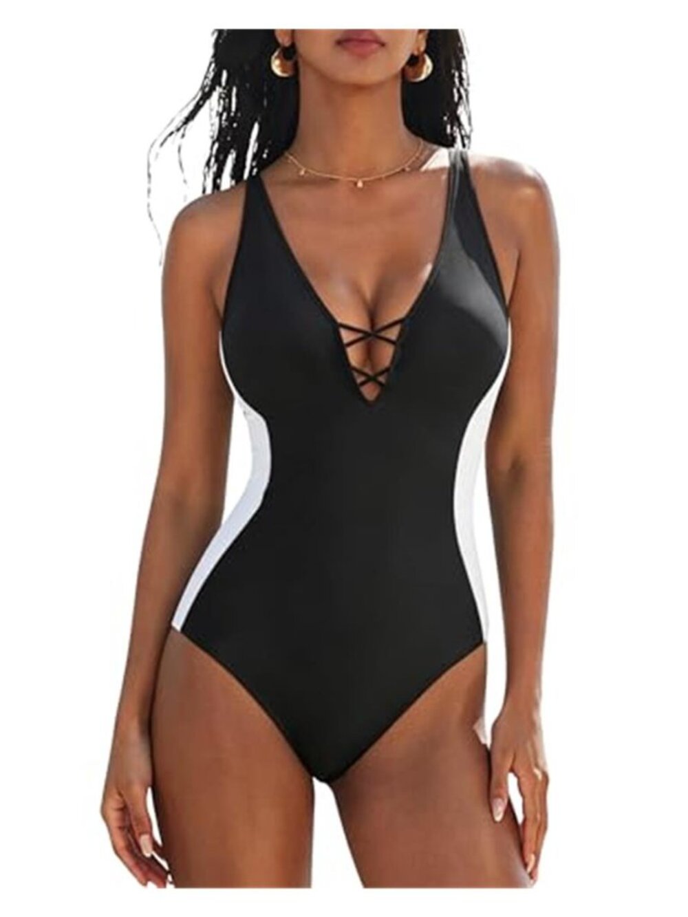 SUUKSESS Black Tummy Control One Piece Swimsuit Lace Up Plunge Swimwear